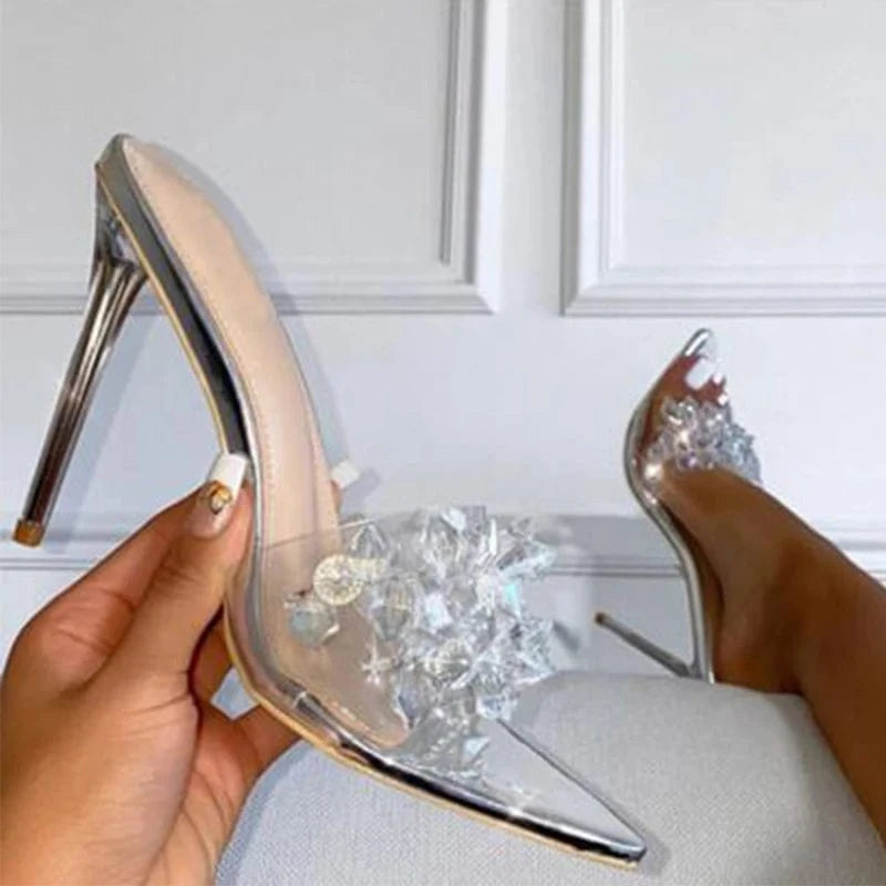 Crystal Flower Pointed Thin Heel Women's Sandals Transparent New Summer PU Rubber Shoes Summer Women Slides Sandals Slippers