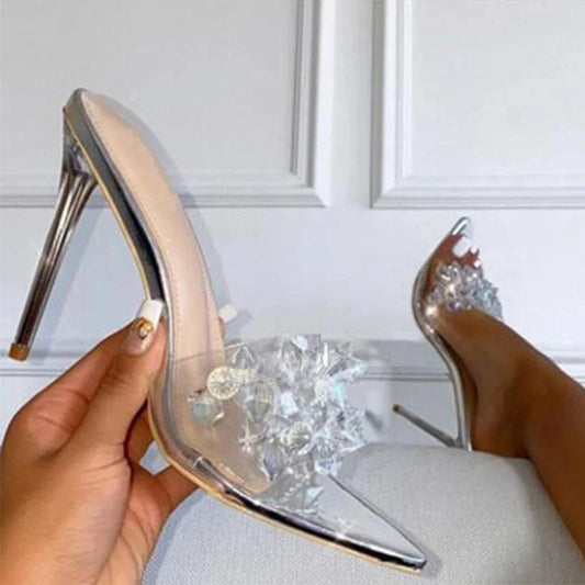 Crystal Flower Pointed Thin Heel Women's Sandals Transparent New Summer PU Rubber Shoes Summer Women Slides Sandals Slippers