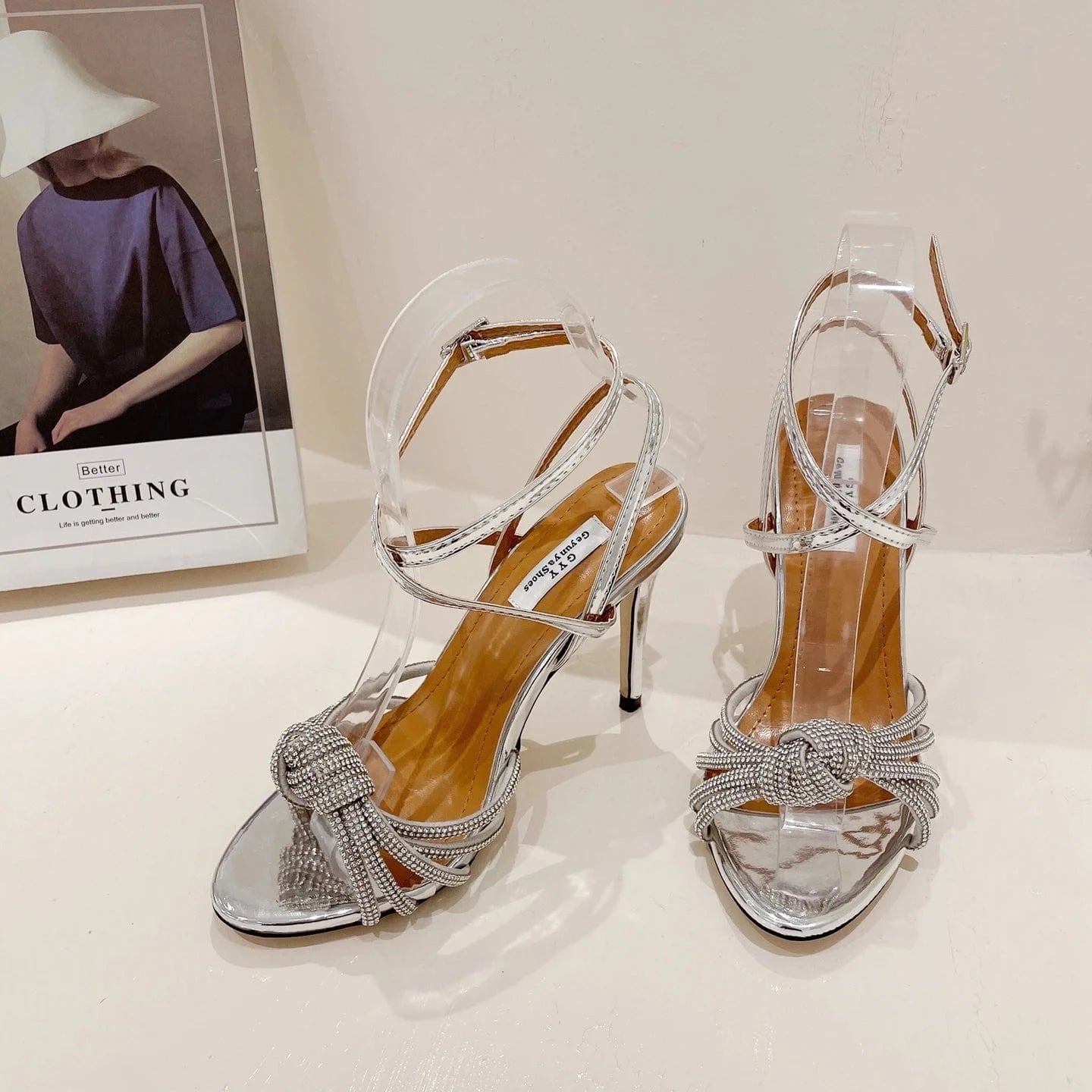 Crystal Knot Women Sandal Ankle Strap sandals Pointed Toe High Heels Shoes Fashion Lady Zapatillas Mujer