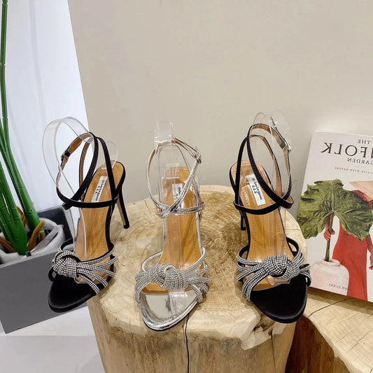 Crystal Knot Women Sandal Ankle Strap sandals Pointed Toe High Heels Shoes Fashion Lady Zapatillas Mujer