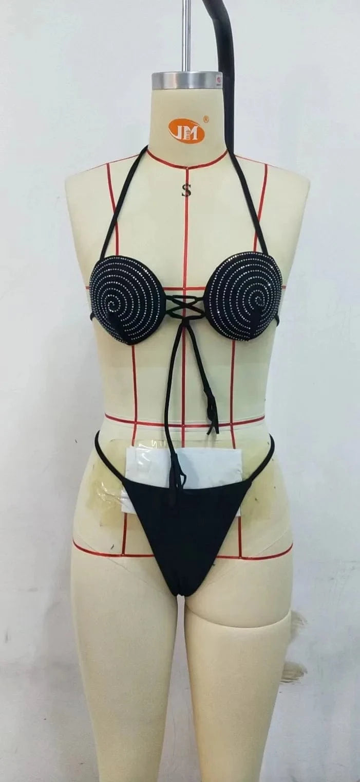 Crystal Thong Bikini Set Two Piece Swimwear Shiny Women Sexy G-string Black Funny Swimsuit thong Micro Swimsuit mini bikini 2024