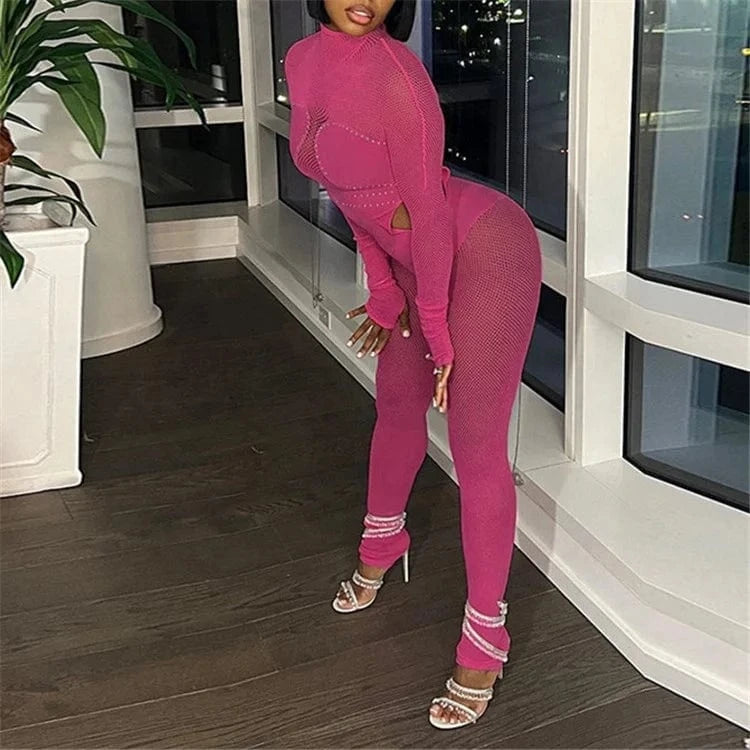 Crystal Women 2024 Spring Autumn Sexy Long Sleeve Party Club Mesh See Through Bodycon Black Jumpsuit