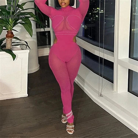 Crystal Women 2024 Spring Autumn Sexy Long Sleeve Party Club Mesh See Through Bodycon Black Jumpsuit