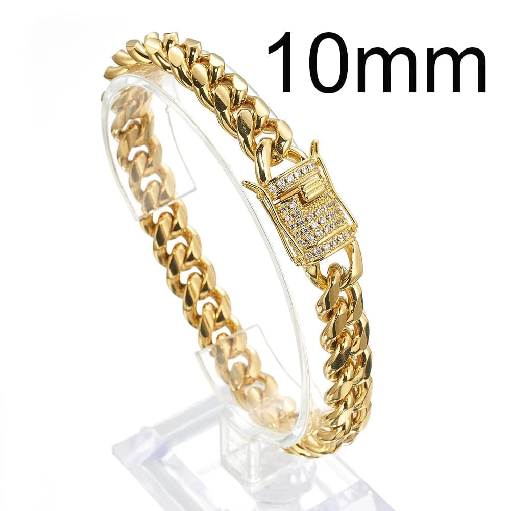 Cuban Chain / Customized / Gold 10mm Hot Selling  HipHop Jewelry Chunky Stainless Steel 18K Gold Plated Cz Miami Cuban Chain Wrist Hand Bracelet