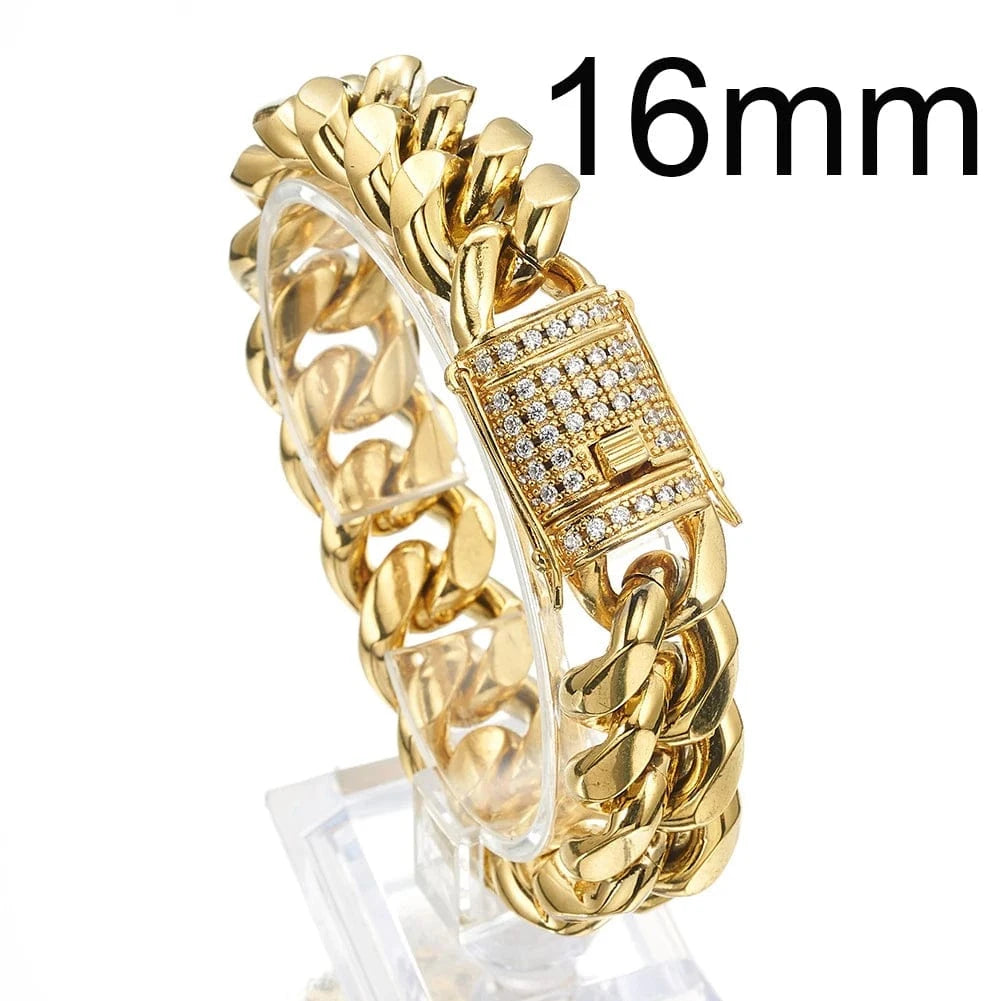 Cuban Chain / Customized / Gold 16mm Hot Selling  HipHop Jewelry Chunky Stainless Steel 18K Gold Plated Cz Miami Cuban Chain Wrist Hand Bracelet