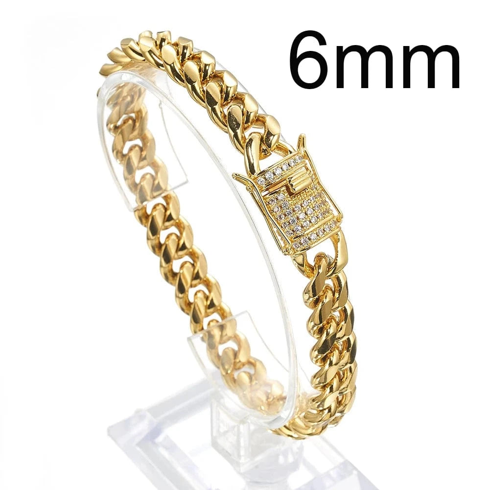 Cuban Chain / Customized / Gold 6mm Hot Selling  HipHop Jewelry Chunky Stainless Steel 18K Gold Plated Cz Miami Cuban Chain Wrist Hand Bracelet