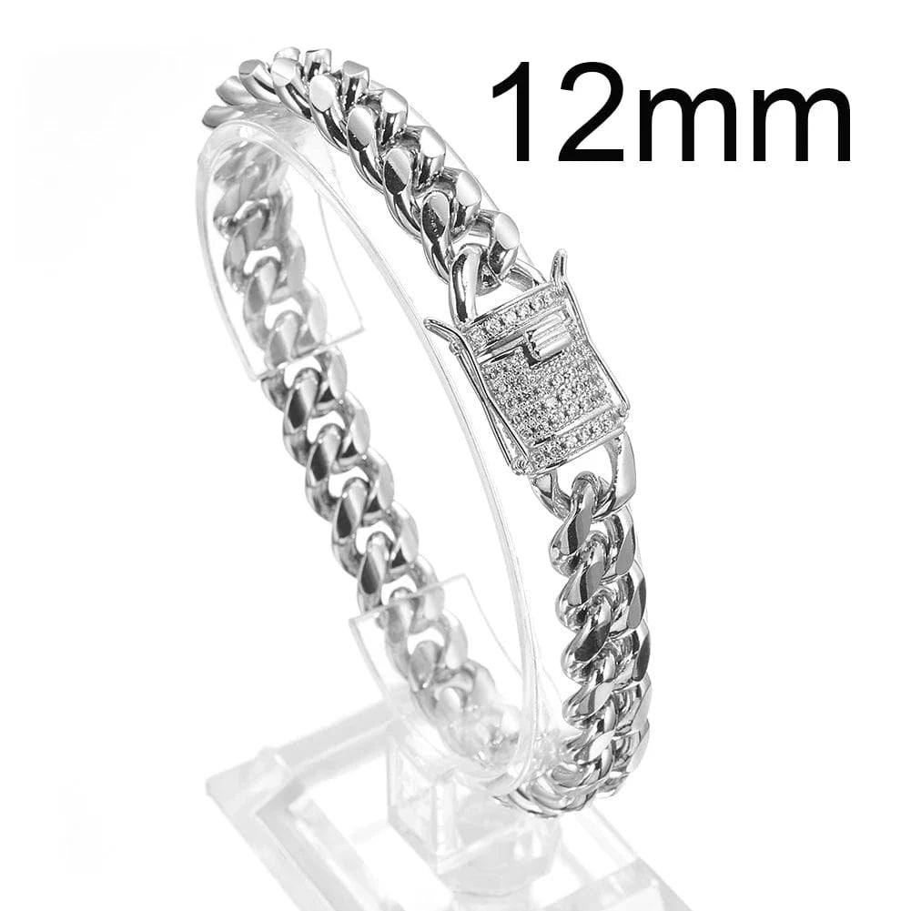 Cuban Chain / Customized / Silver 12mm Hot Selling  HipHop Jewelry Chunky Stainless Steel 18K Gold Plated Cz Miami Cuban Chain Wrist Hand Bracelet
