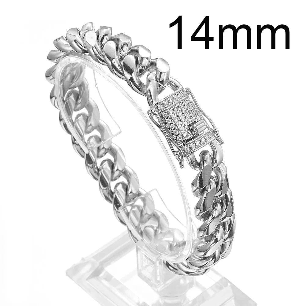 Cuban Chain / Customized / Silver 14mm Hot Selling  HipHop Jewelry Chunky Stainless Steel 18K Gold Plated Cz Miami Cuban Chain Wrist Hand Bracelet