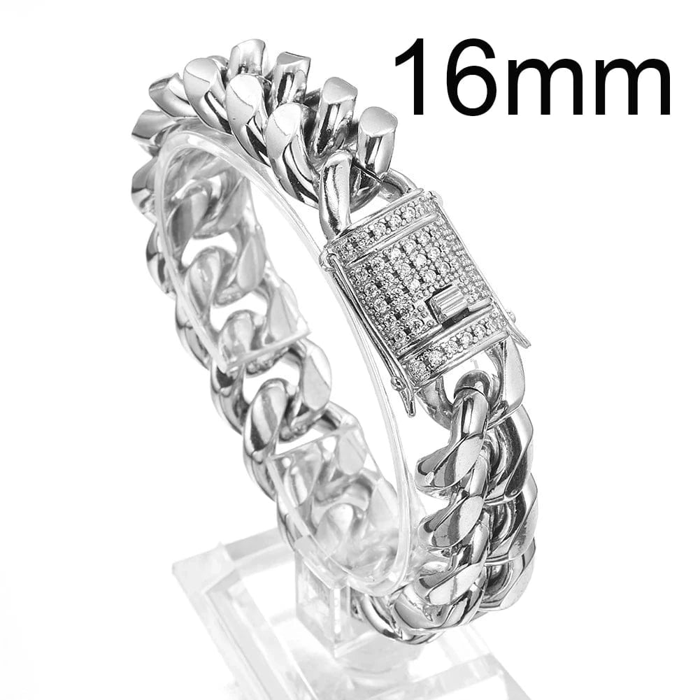 Cuban Chain / Customized / Silver 16mm Hot Selling  HipHop Jewelry Chunky Stainless Steel 18K Gold Plated Cz Miami Cuban Chain Wrist Hand Bracelet