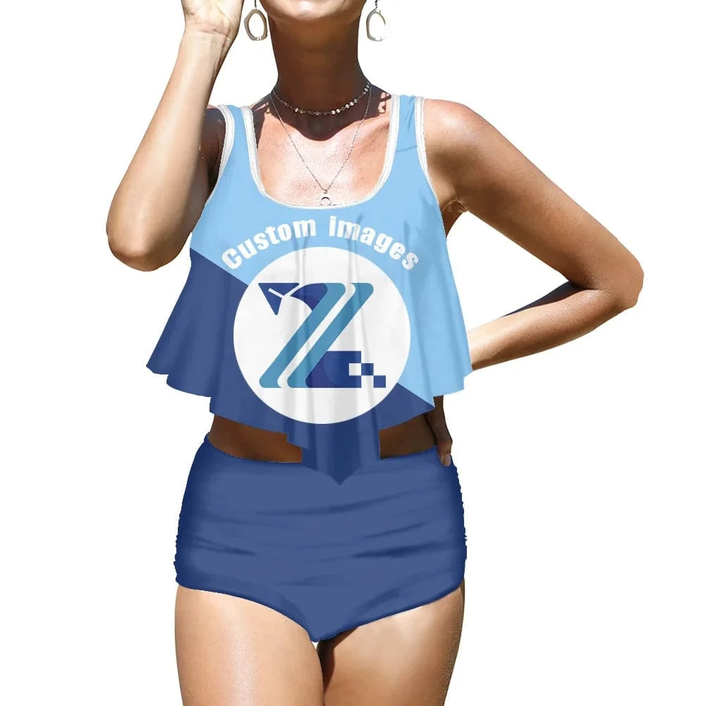 Custom 1MOQ Women Swimsuits Vintage Samoan Tribal Print High Waist Top Ruffle Push Up Padded Bra Bathing Suit