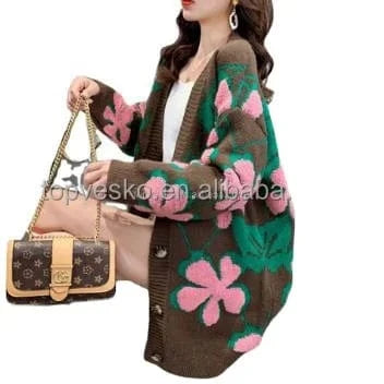 Custom 2022 Autumn Winter New Sorority Europe America Retro Long Style Thickened V Neck Embroidea Casual Womens Cardigan Sweater