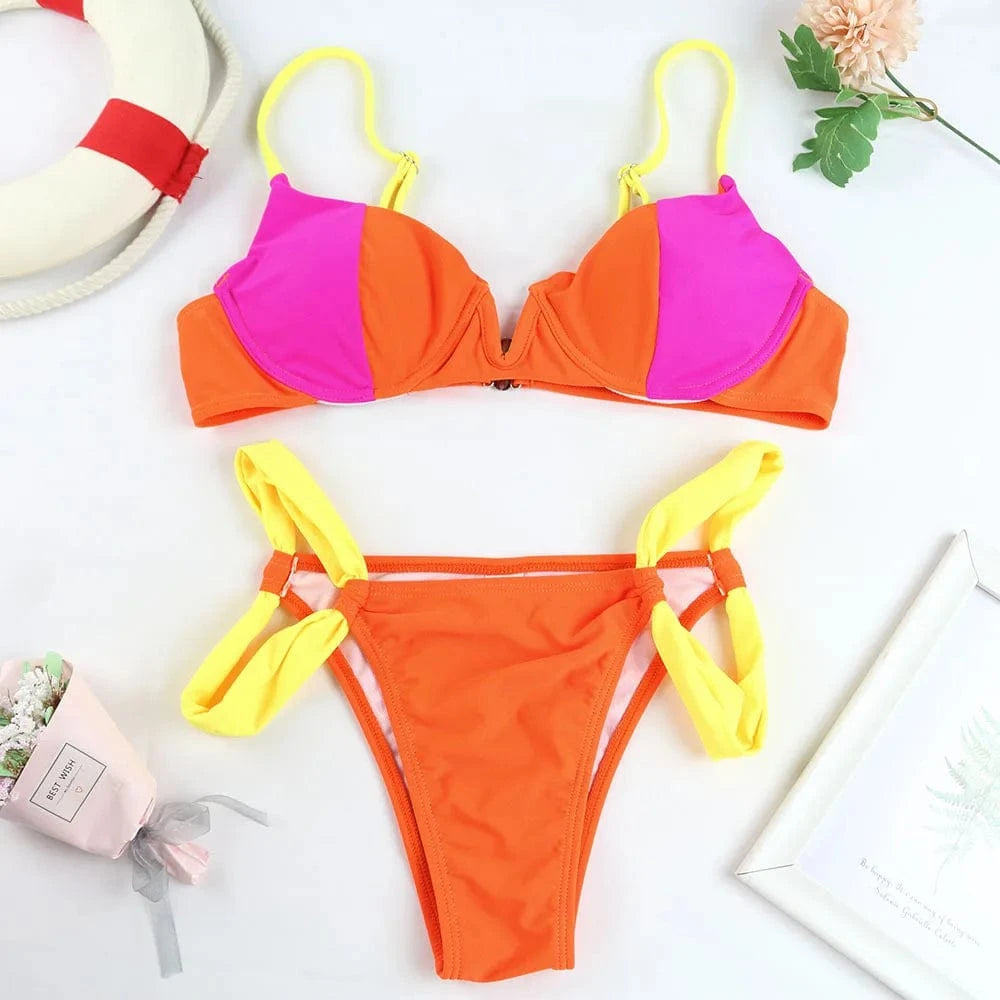 Custom 2022 swimwear high waist bathing suits v neck sexy swimsuits for women patchwork micro mini bikini