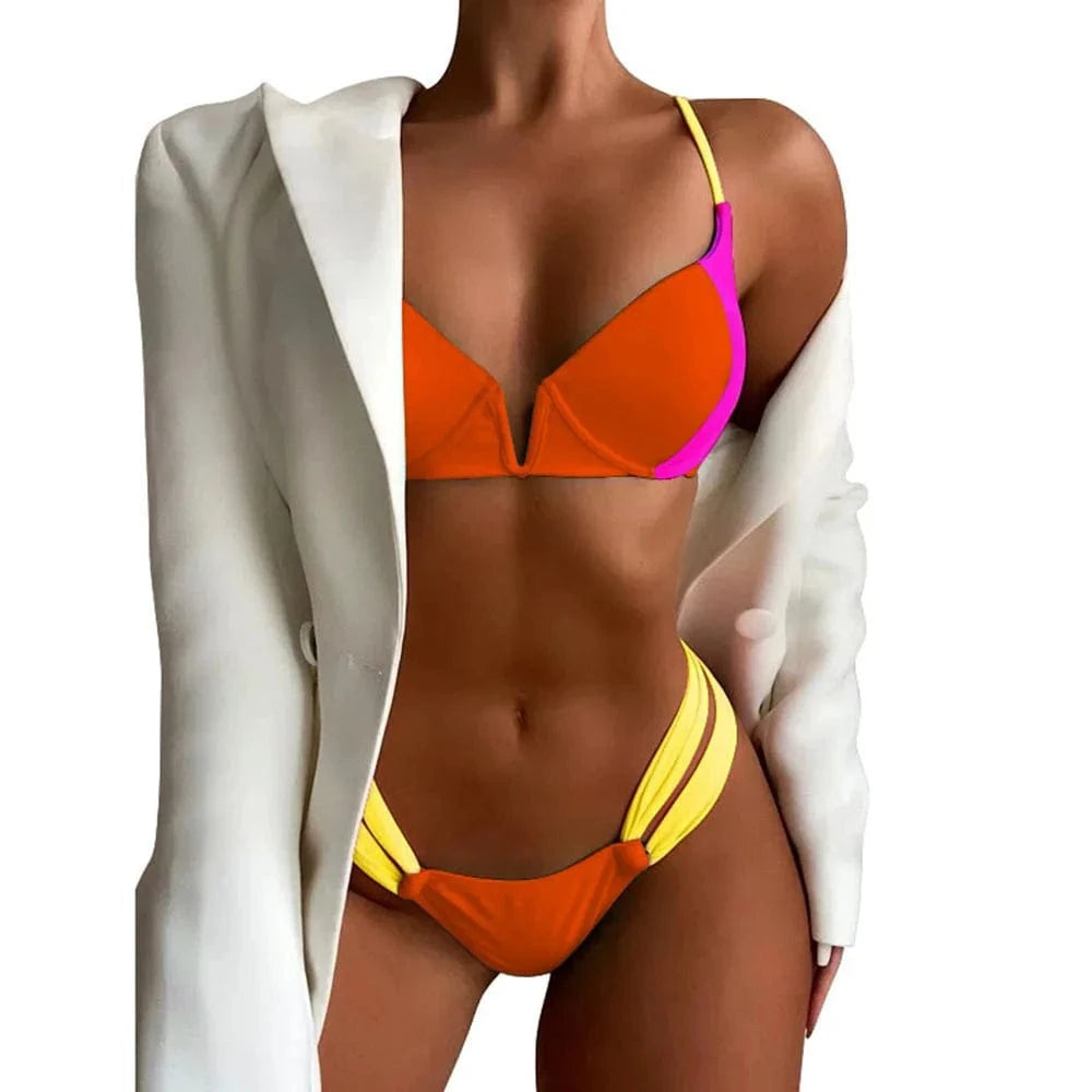 Custom 2022 swimwear high waist bathing suits v neck sexy swimsuits for women patchwork micro mini bikini