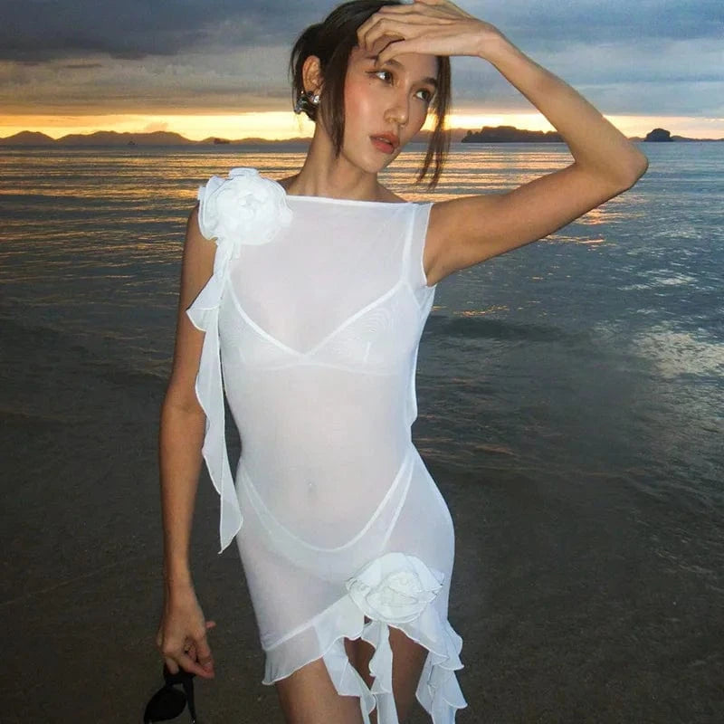 Custom Backless Off Shoulder Mesh Ruffles Dress See Through Sexy Transparent 2023 Beach Wear