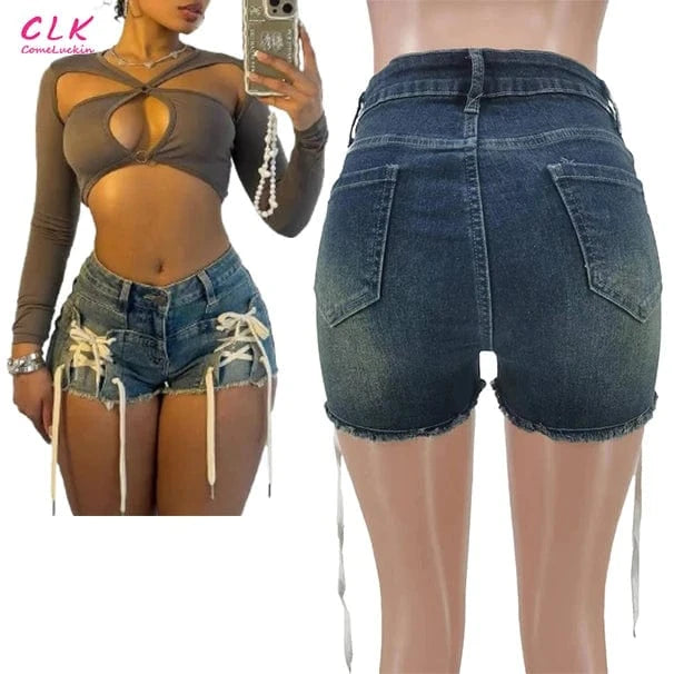 Custom Bandage Elasticity Denim Shorts Women High Waisted Button Lace Up Jean Fashion Matching Cowboy Bottoms For Women