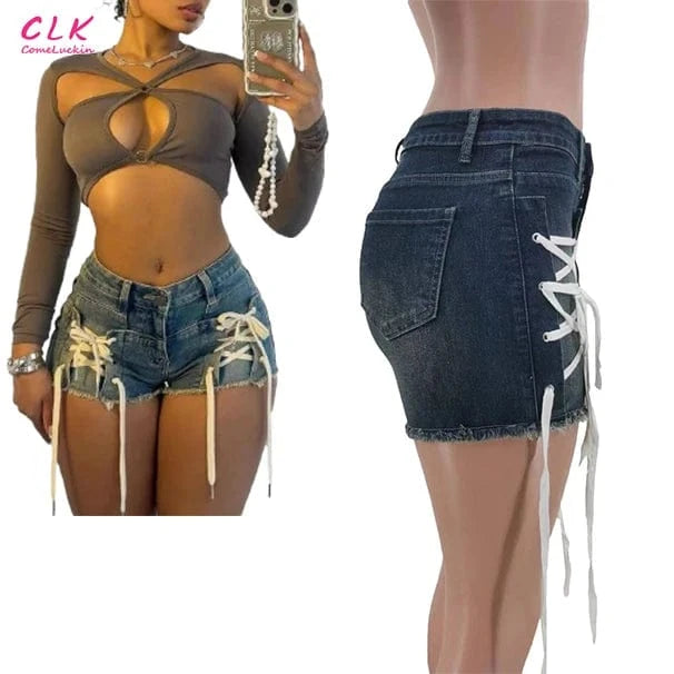 Custom Bandage Elasticity Denim Shorts Women High Waisted Button Lace Up Jean Fashion Matching Cowboy Bottoms For Women