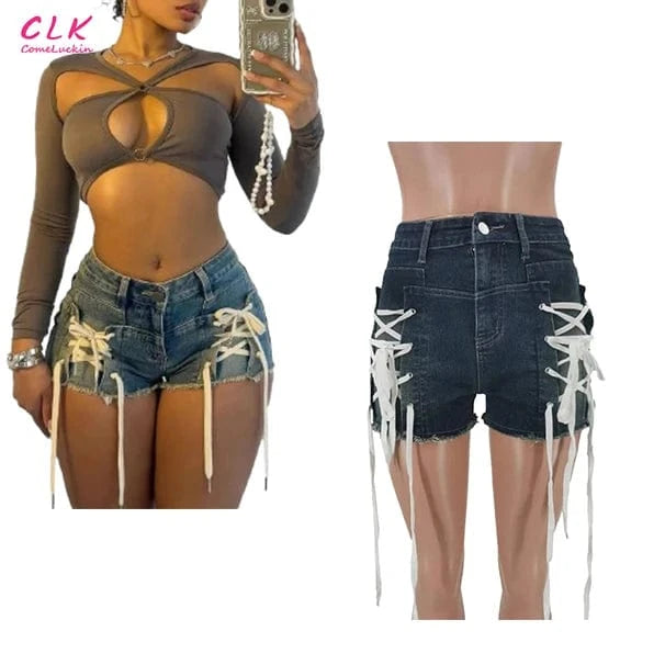 Custom Bandage Elasticity Denim Shorts Women High Waisted Button Lace Up Jean Fashion Matching Cowboy Bottoms For Women