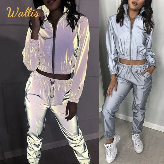 Custom Clothing Ladies Loose Zipper Long Sleeve Jacket And Long Pants Womens Sweatsuit Reflective Tracksuits Outfits Sets