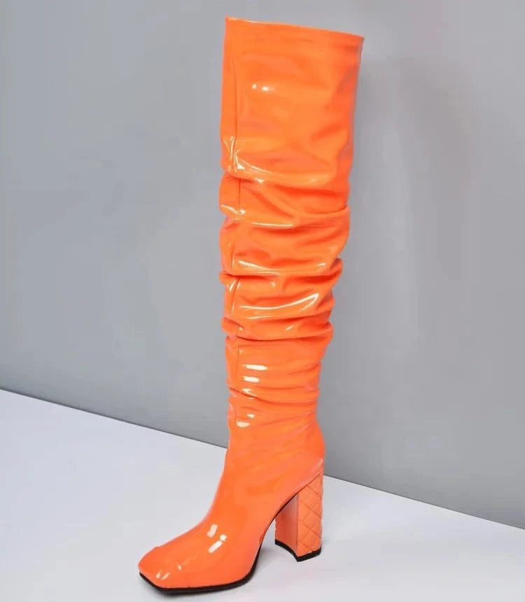 Custom Colors Women Over Knee High Boots High Chunky Heels Boots Ladies Long Shiny Patent Square toe Thigh High Boots Size 13