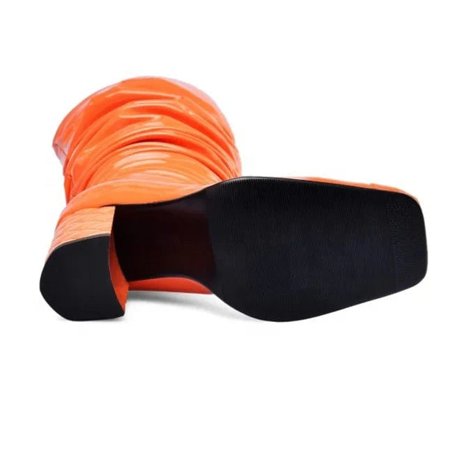 Custom Colors Women Over Knee High Boots High Chunky Heels Boots Ladies Long Shiny Patent Square toe Thigh High Boots Size 13