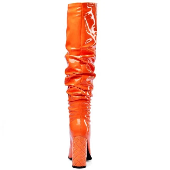 Custom Colors Women Over Knee High Boots High Chunky Heels Boots Ladies Long Shiny Patent Square toe Thigh High Boots Size 13