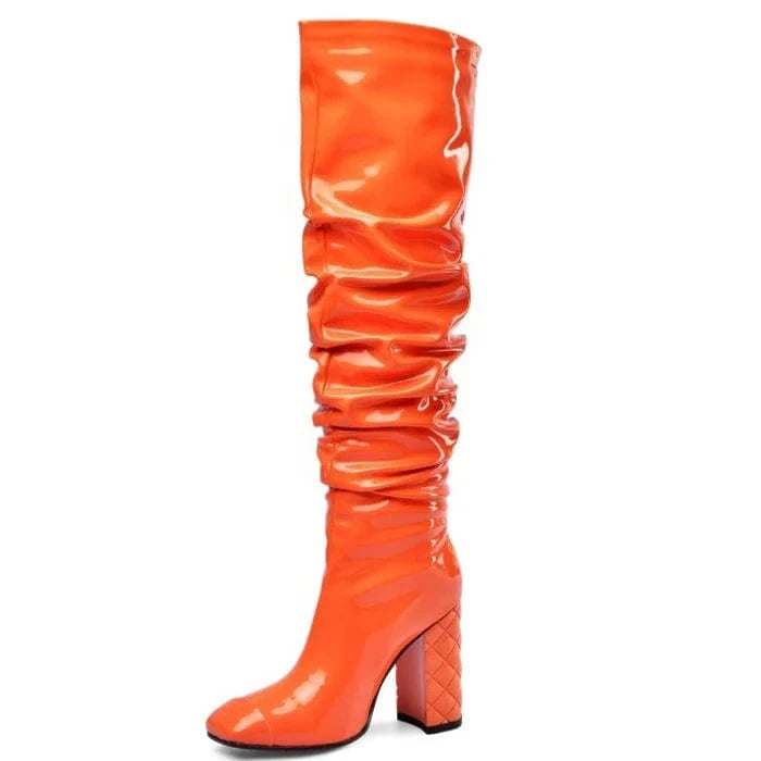Custom Colors Women Over Knee High Boots High Chunky Heels Boots Ladies Long Shiny Patent Square toe Thigh High Boots Size 13