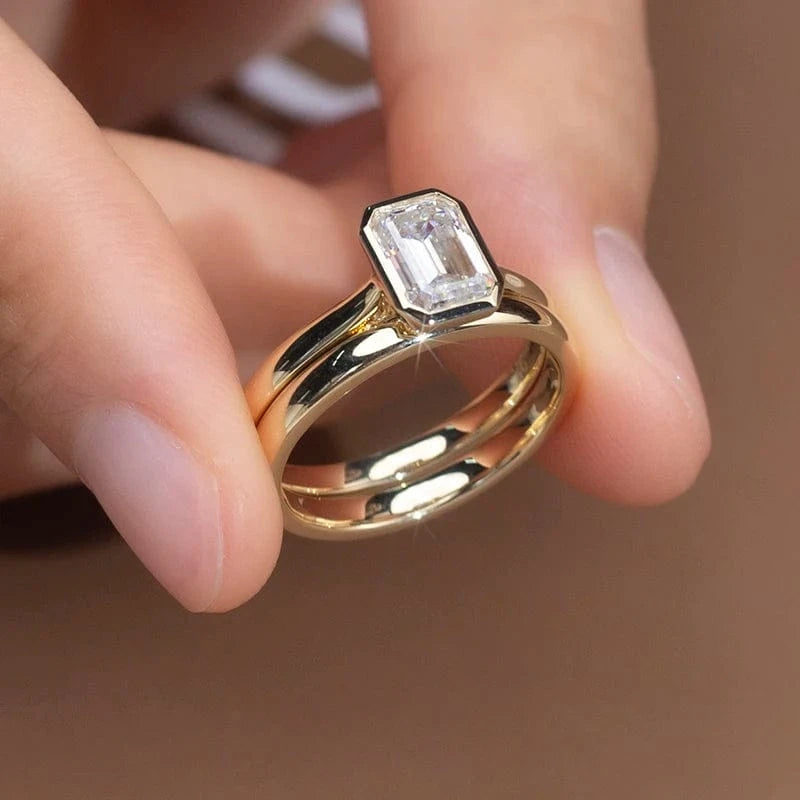 Custom design women engagement wedding brand jewelry 14k 18k gold band ring set emerald cut lab grown diamond ring