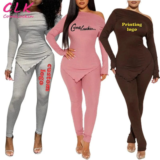 Custom Embroidery Logo Rib Knitted Outfits 2024 Loungewear Irregular Top With Leggings 2 Piece Set Women Elegant Clothing