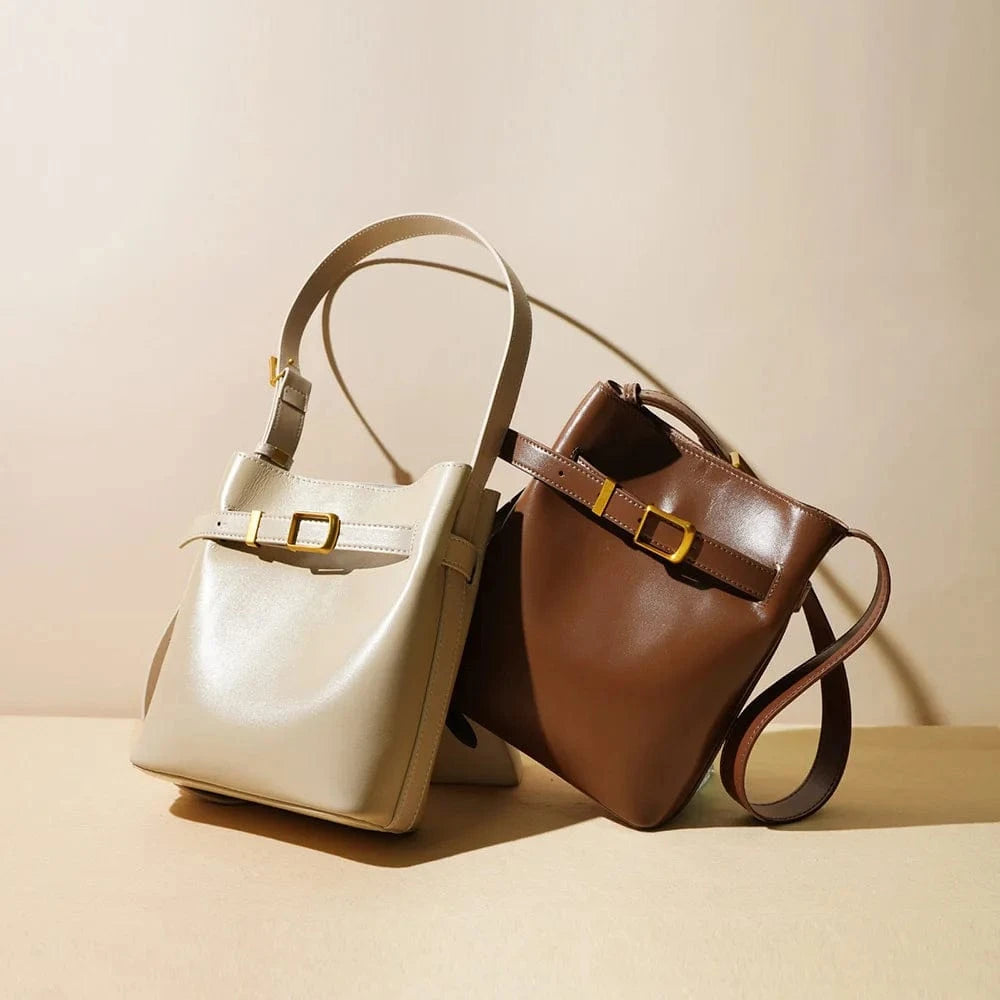 Custom Fashion Designer Genuine Leather Drawstring Women Bag Black Shoulder Handbags For Women