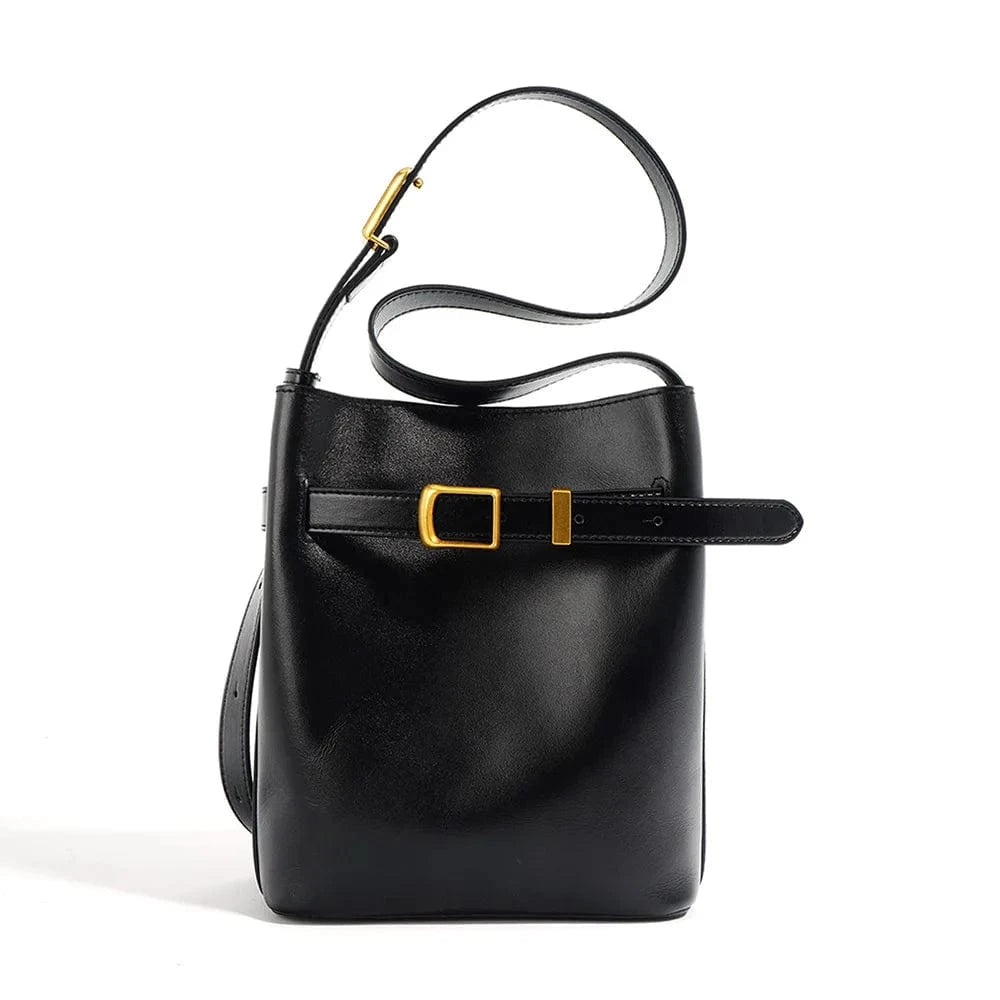 Custom Fashion Designer Genuine Leather Drawstring Women Bag Black Shoulder Handbags For Women