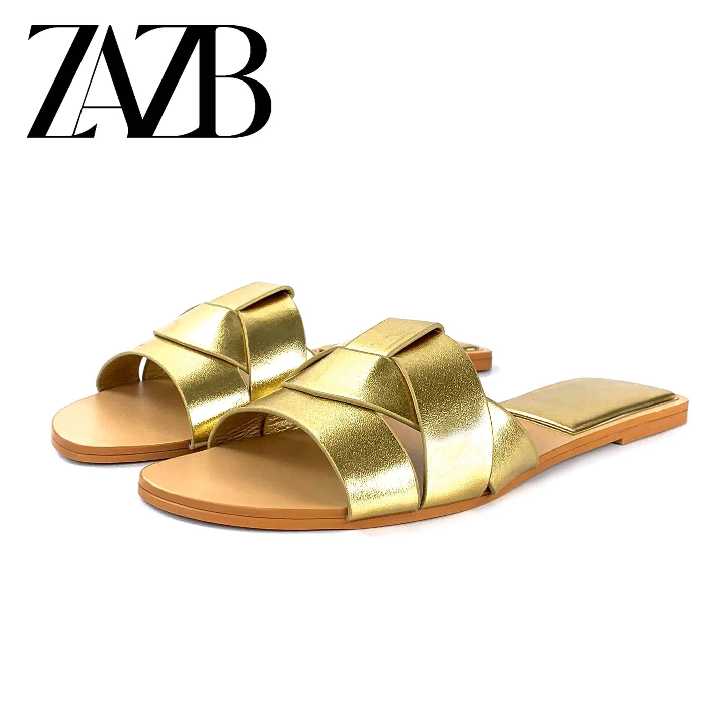 Custom gold braid leather shiny  designer shoes sandal for women and ladies flat slipper shoes luxury femmes fashion