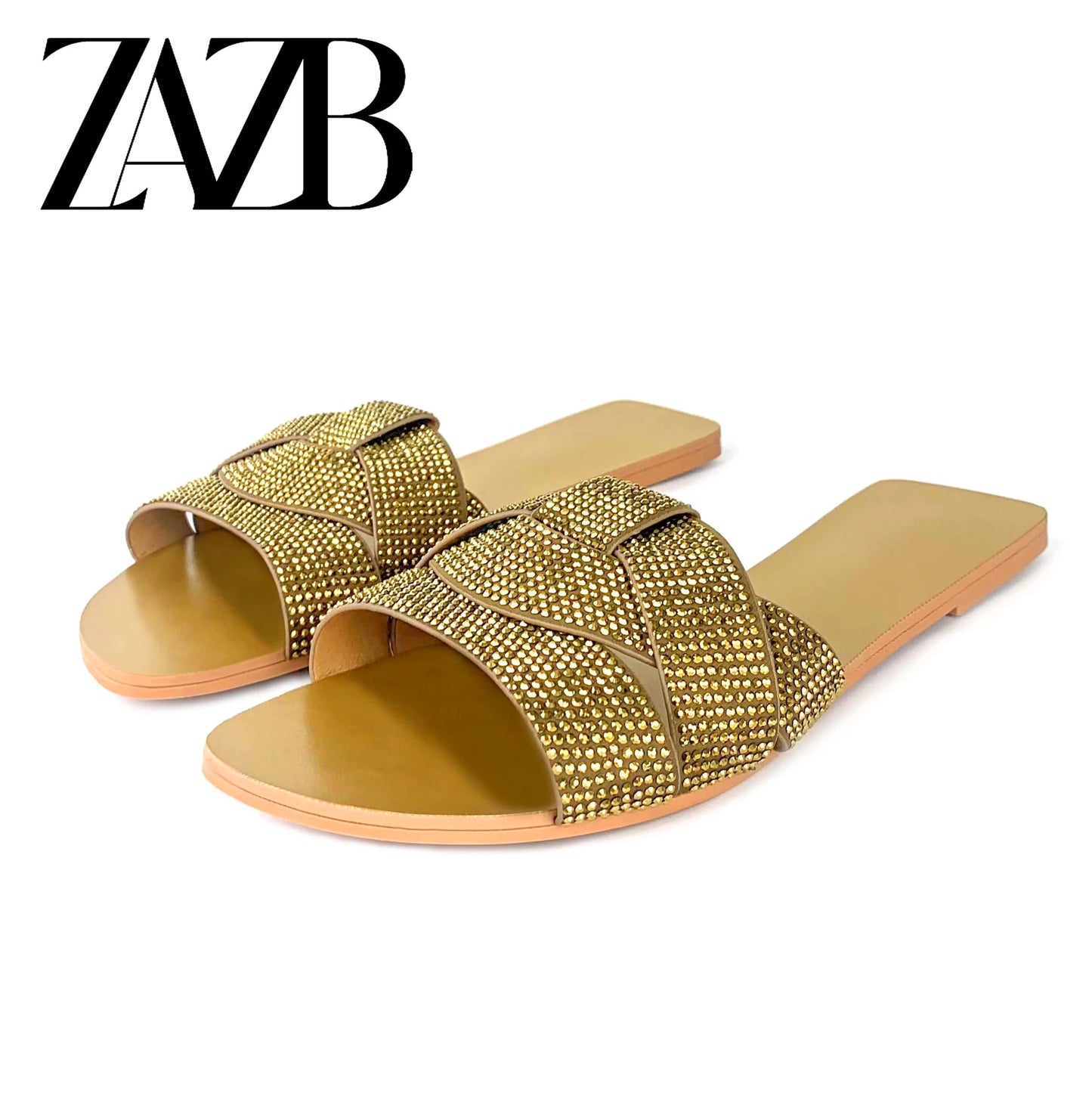 Custom gold braid leather shiny  designer shoes sandal for women and ladies flat slipper shoes luxury femmes fashion