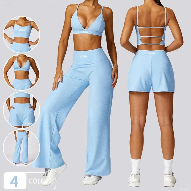 Custom High Elastic Breathable 4 Piece Sports Bra Tank Top Flare Leggings Yoga Workout Shorts Set Yoga Outfit Women Sets
