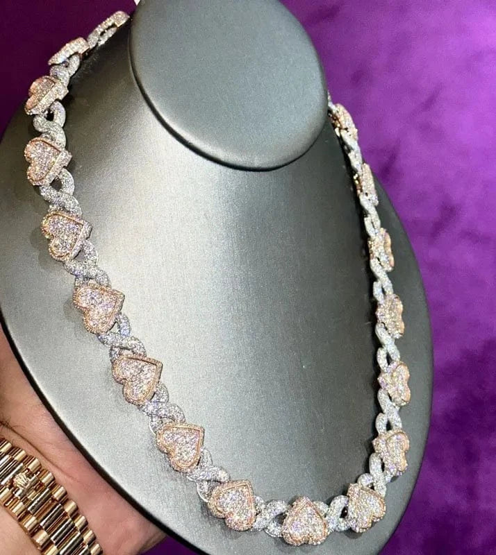 Custom Infinity Heart Chains 2-Tone VVS Moissanite Gold Plated Solid 925 Sterling Silver Heart Cuban Link Chains Jewelry