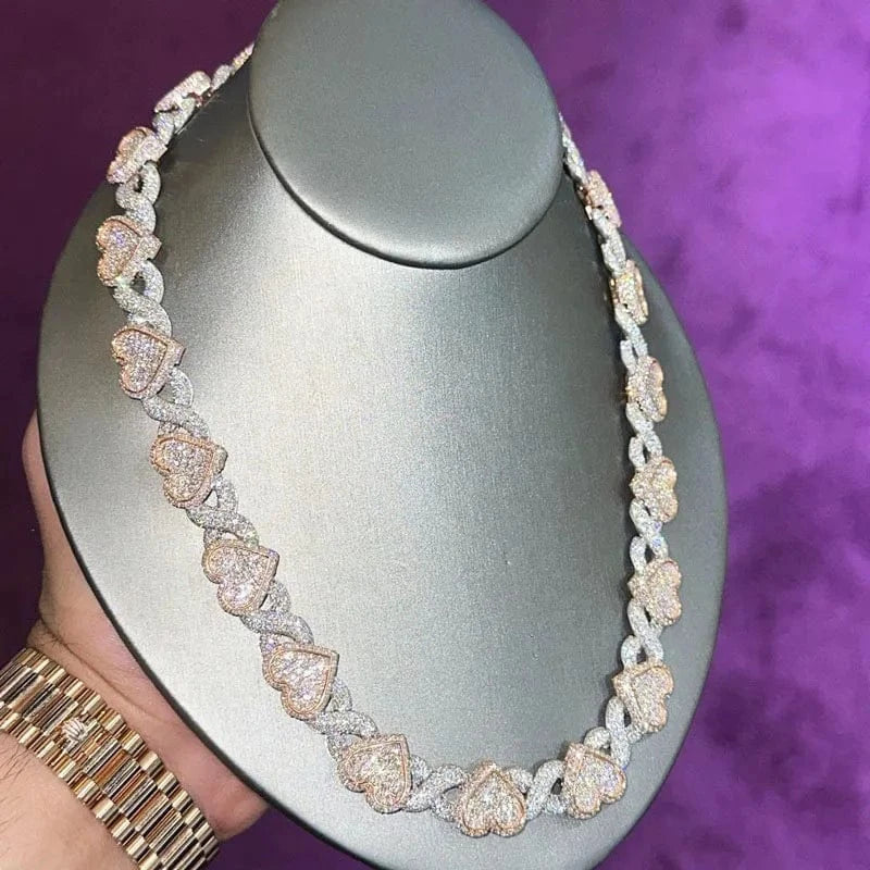 Custom Infinity Heart Chains 2-Tone VVS Moissanite Gold Plated Solid 925 Sterling Silver Heart Cuban Link Chains Jewelry