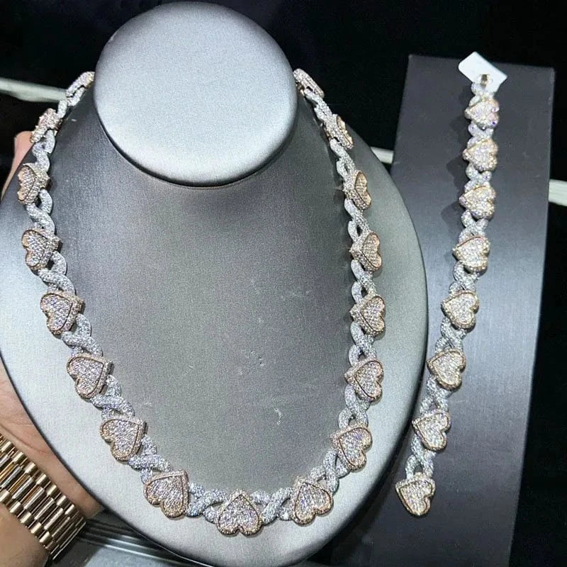 Custom Infinity Heart Chains 2-Tone VVS Moissanite Gold Plated Solid 925 Sterling Silver Heart Cuban Link Chains Jewelry