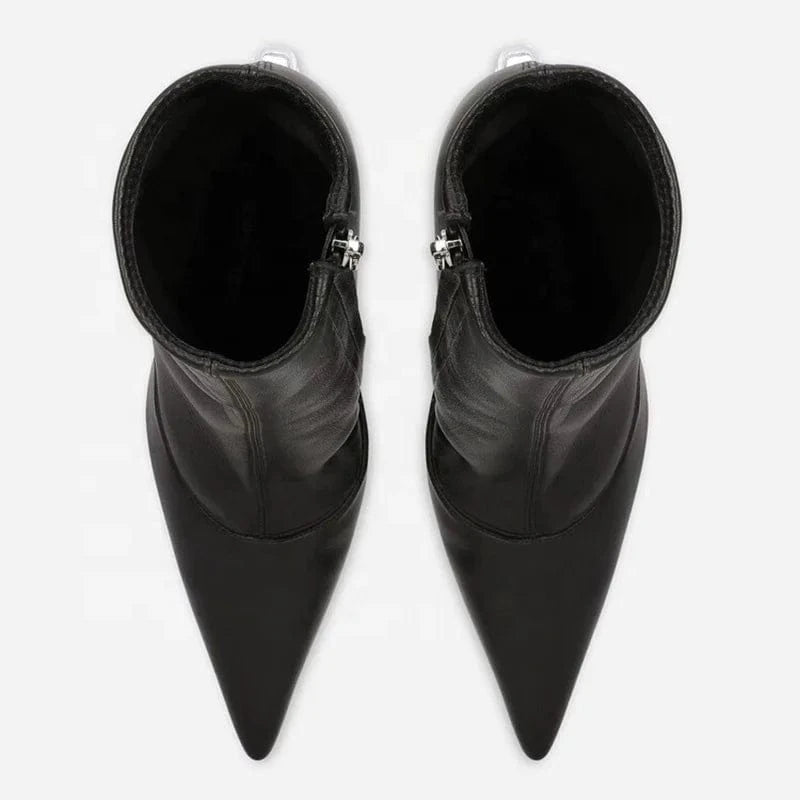 Custom Letter Shape Heels Women Stretch Upper Short Boots Wedge-Heeled Ankle Booties Fancy Pointed Toe Metal Heel Shoes