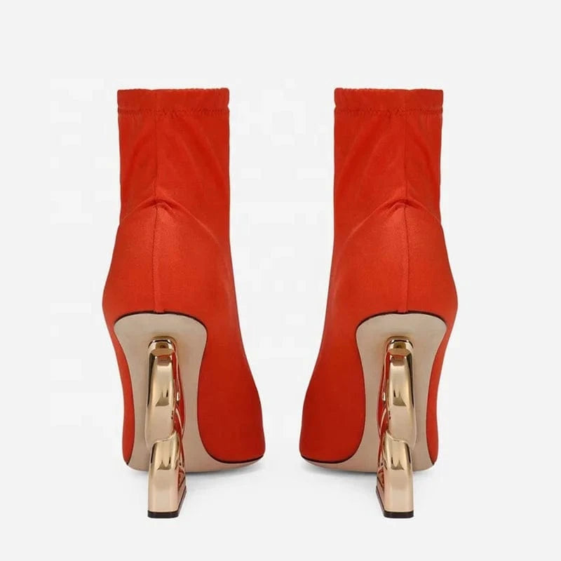 Custom Letter Shape Heels Women Stretch Upper Short Boots Wedge-Heeled Ankle Booties Fancy Pointed Toe Metal Heel Shoes