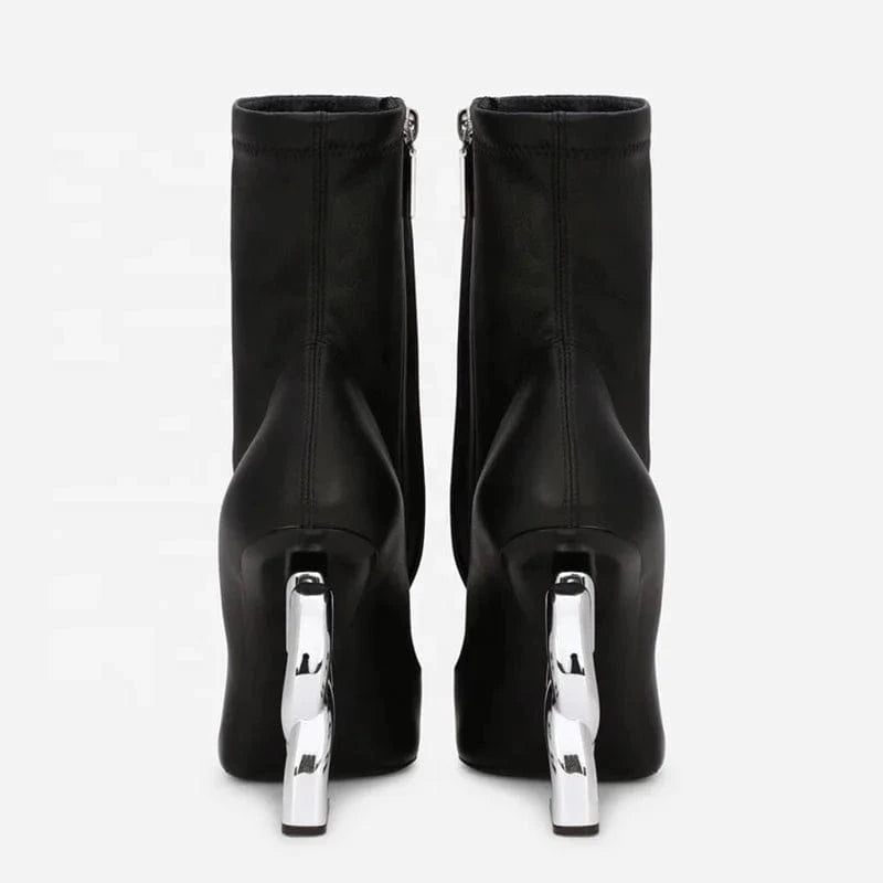 Custom Letter Shape Heels Women Stretch Upper Short Boots Wedge-Heeled Ankle Booties Fancy Pointed Toe Metal Heel Shoes