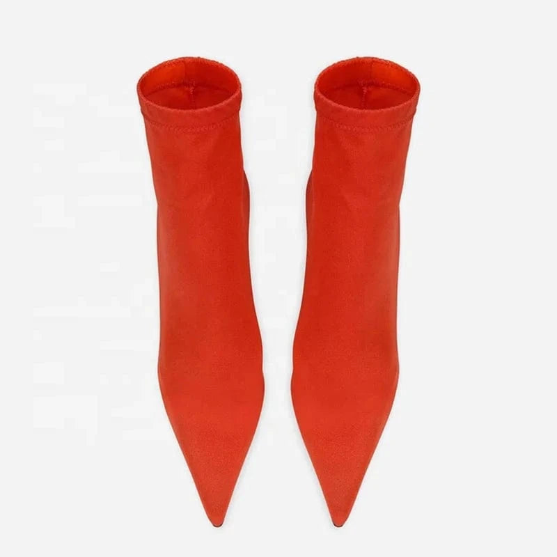 Custom Letter Shape Heels Women Stretch Upper Short Boots Wedge-Heeled Ankle Booties Fancy Pointed Toe Metal Heel Shoes