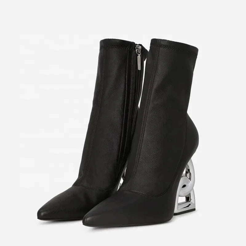 Custom Letter Shape Heels Women Stretch Upper Short Boots Wedge-Heeled Ankle Booties Fancy Pointed Toe Metal Heel Shoes
