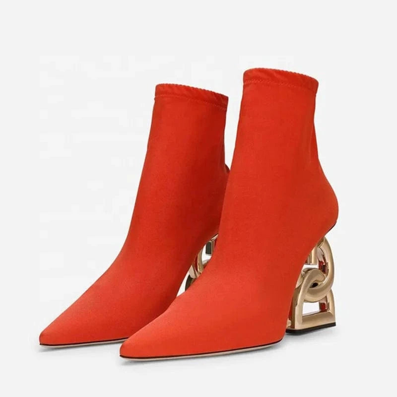 Custom Letter Shape Heels Women Stretch Upper Short Boots Wedge-Heeled Ankle Booties Fancy Pointed Toe Metal Heel Shoes