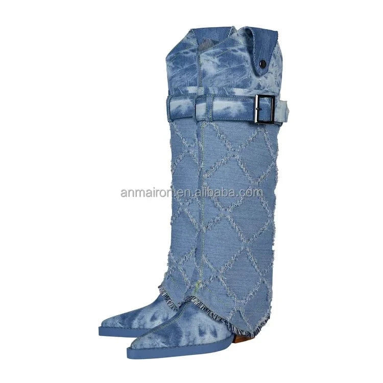 Custom Logo Cowboy Winter Boots Western Women Knee High Shoes 2023 New Fashion Denim Fleece Chunky Heel Slip On Pointed Toe