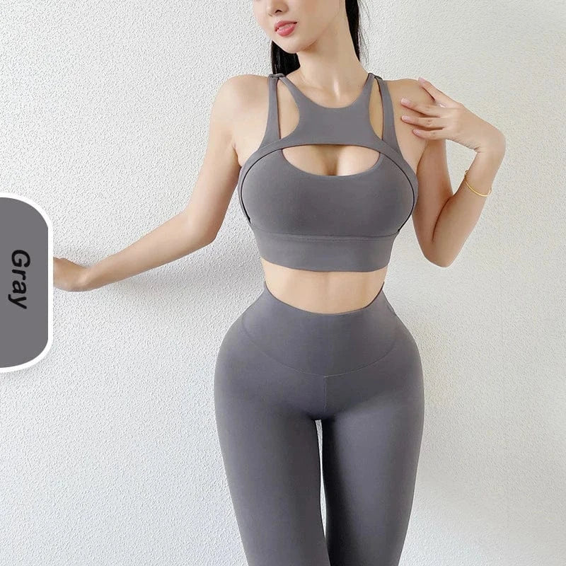 Custom logo Fitness Workout Gym Brush High Elastic Shockproof Padded Yoga Cut Out Push Up Hollow Out Sports Bra for Women
