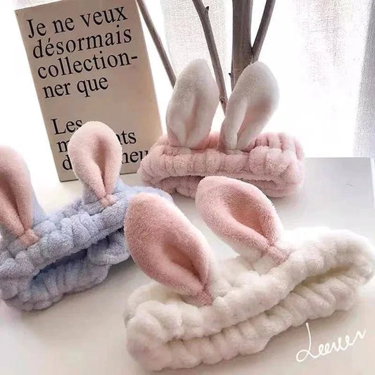 Custom Logo OMG Bowknot Wash Face Hairband Rabbit Cat Ear Cute Plush Lady Soft Women Elastic Hair Band Flannel Make up Headbands