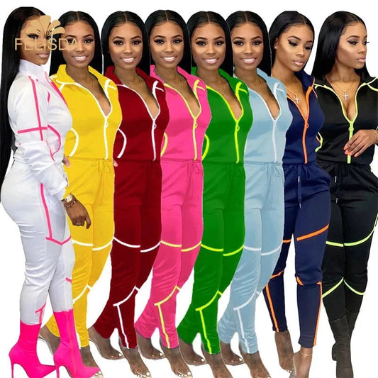 Custom Logo Splicing Women Two Piece Outfits Zip Top Jacket Elastic Jogging Pants Streetwear Casual Sweatsuit Tracksuit Set