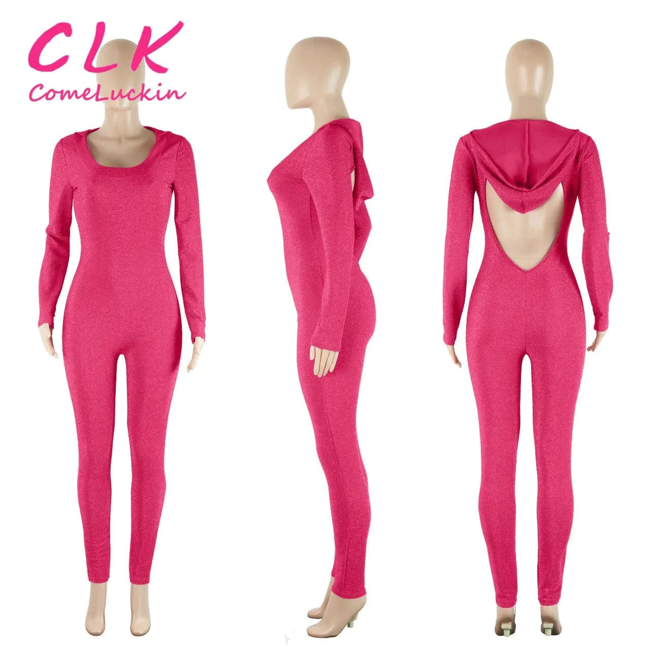 Custom Logo Spring Shiny Hoodie Long Sleeve Jumpsuit Backless Skinny Package Hip Maxi Pants Jumpsuit For Women