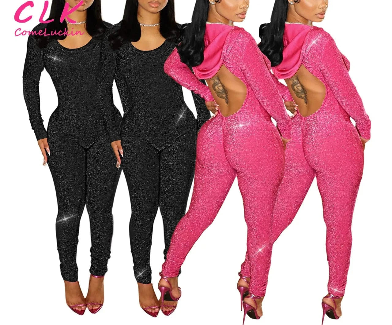 Custom Logo Spring Shiny Hoodie Long Sleeve Jumpsuit Backless Skinny Package Hip Maxi Pants Jumpsuit For Women