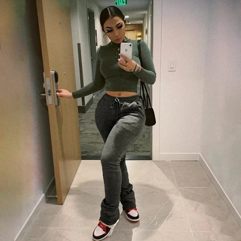 Custom Logo Stacked Sweatpants Women Fashion Fall Sports Joggers Drawstring Trousers Casual High Waist Women Stacked Pants