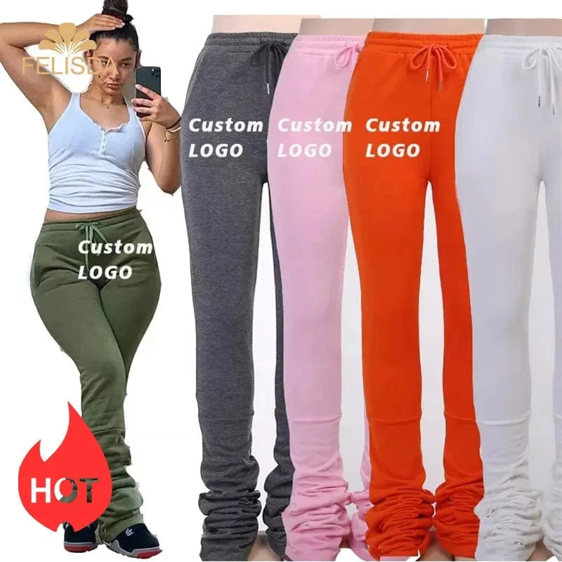 Custom Logo Stacked Sweatpants Women Fashion Fall Sports Joggers Drawstring Trousers Casual High Waist Women Stacked Pants